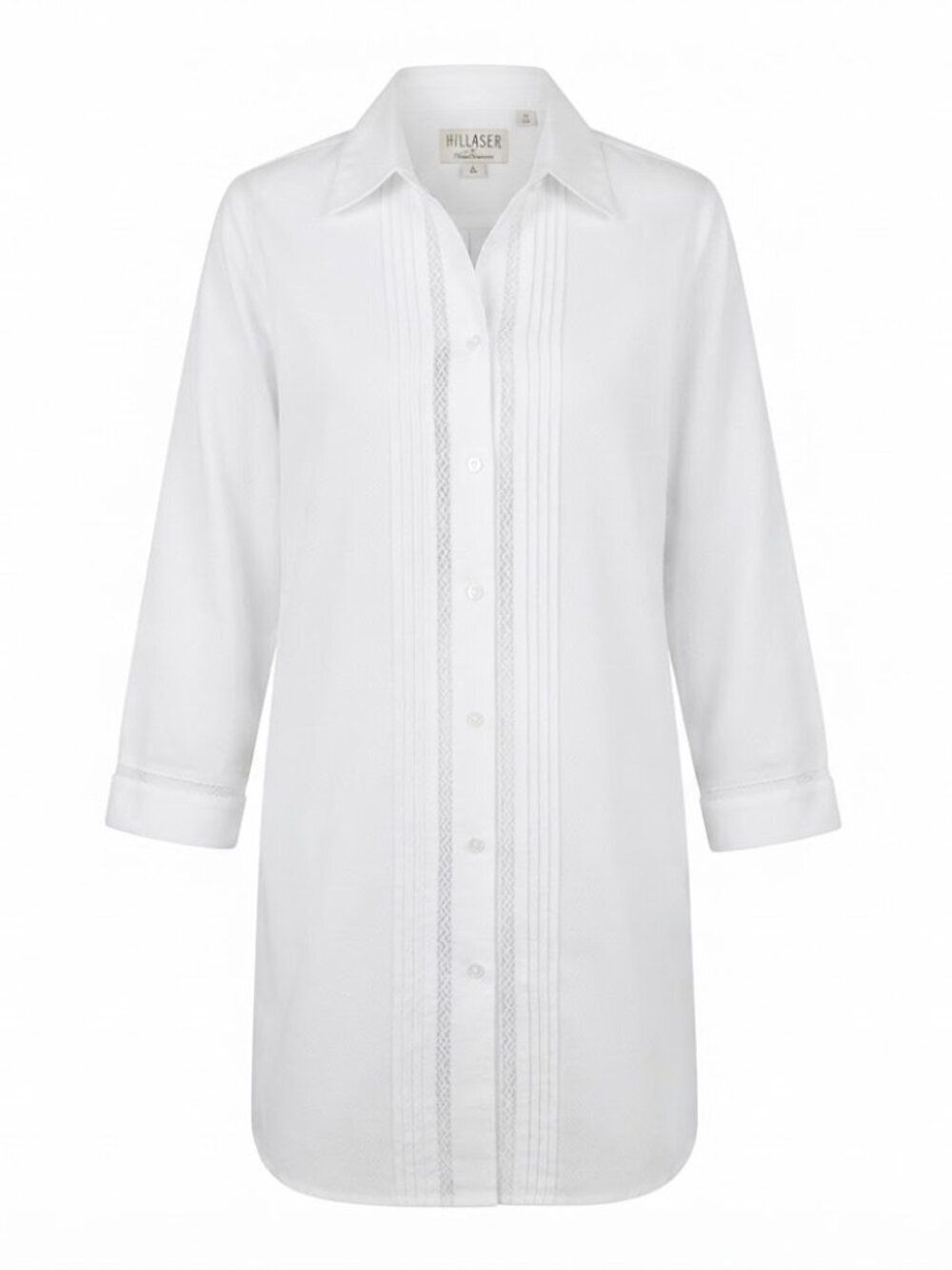 LINEN COTTON Hillard & Hanson White Long-Sleeve Tunic Shirt Pin-Tuck Lace Placke